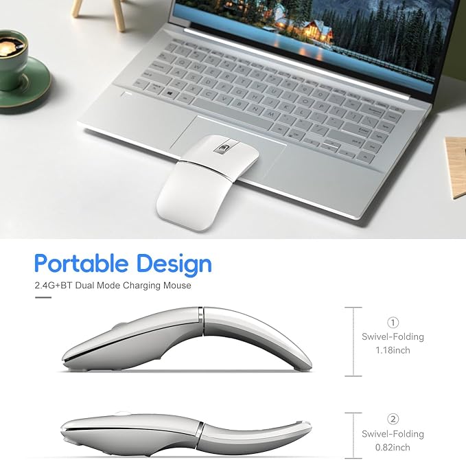 HXMJ- Foldable Bluetooth Travel MouseWireless Portable 2.4G Arc MiceMulti-Device (Bluetooth+2.4G)360° Rotating Rechargeable Flat Mice for Desktop PC Laptops Tablets-White