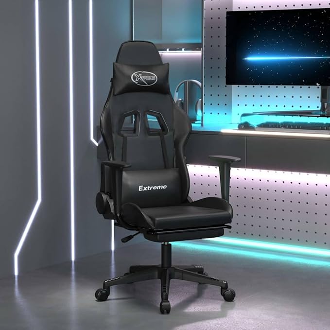 Massage Gaming Chair with Footrest - Faux Leather Reclining Ergonomic Desk Office Computer Game Chair with Lumbar Support &amp Adjustable Height Black