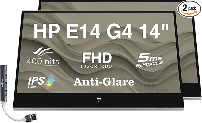 HP E14 G4 14 FHD IPS Portable Monitor with 5ms Response Time Anti-Glare Flicker Free 400 nits Brightness USB-C &amp Dockztorm USB Port Expander Silver Color (1B065AA#AC3) 2 Pack
