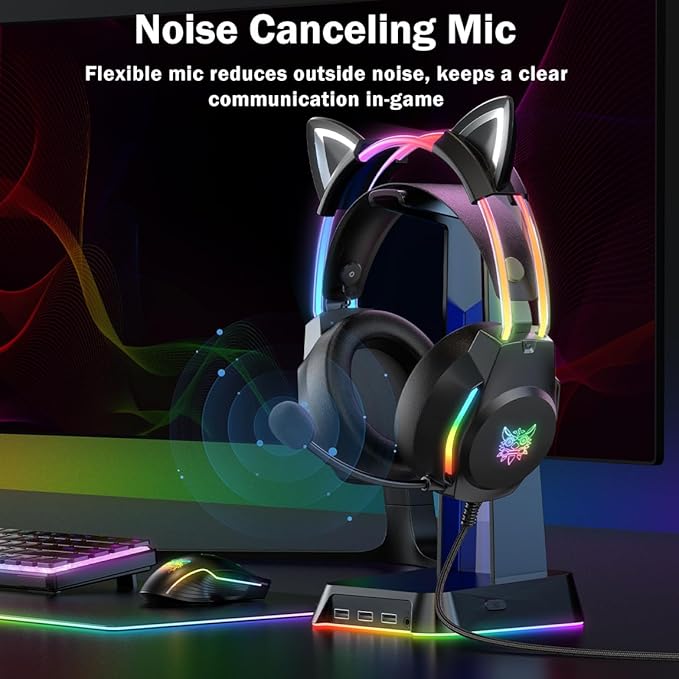 Gaming Headset with Microphone Cat Ear Headphones for PC Laptop PS4 PS5 Xbox Switch Rainbow RGB Lighting &amp Virtual Surround Sound 3.5mm Wired Over Ear Headphones Ergonomic