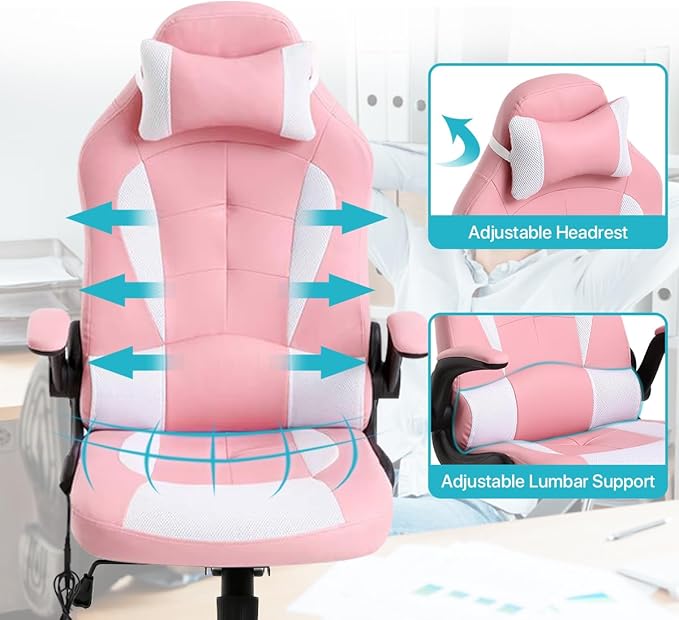 Dkeli Massage Gaming Chair Ergonomic Office Chair High Back Desk Chair PU Leather Executive Chair with Lumbar Support Headrest Armrest PC Racing Computer Chair Task Rolling Swivel ChairPink