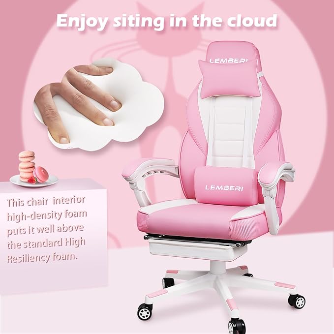 LEMBERI Pink Gaming Chair with footrest Kawaii Cute Pink Gamer Chair for GirlGirls Video Game ChairsComputer Gaming Chair with Headrest and Lumbar Support