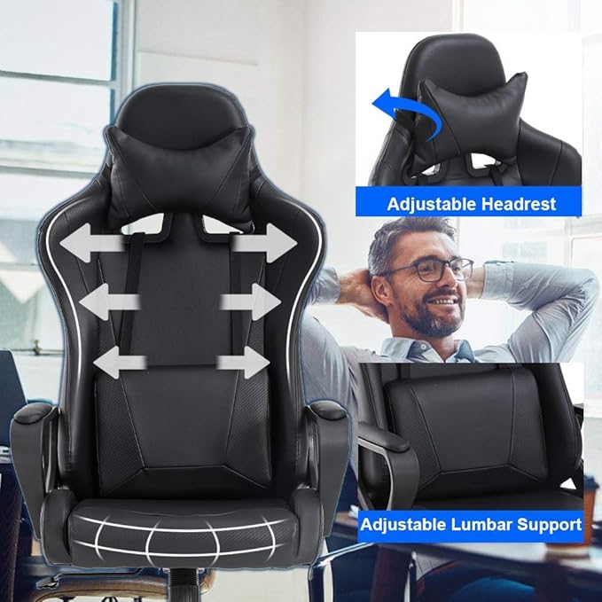 Gaming Chair with Lumbar Support High-Back Office Chair for Adults with Ergonomic Computer Racing Chair PU Desk Task Chair with Support Flip Up Arms Headrest Black