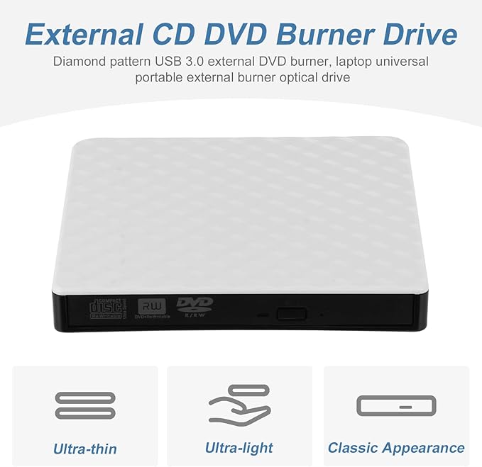 External DVD Drive USB 3.0 Burner Portable CD DVD ROM Rewriter for Laptop Desktop White USB Optical Disk Drive Compatible with Windows
