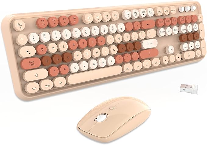 FOPETT Wireless Keyboard and Mouse Combo - 2.4G Full-Sized Cute Colorful Mouse and Keyboard with 104 Round Keys Retro Typewriter Keyboard for Laptop/Windows/PC - Brown Colorful
