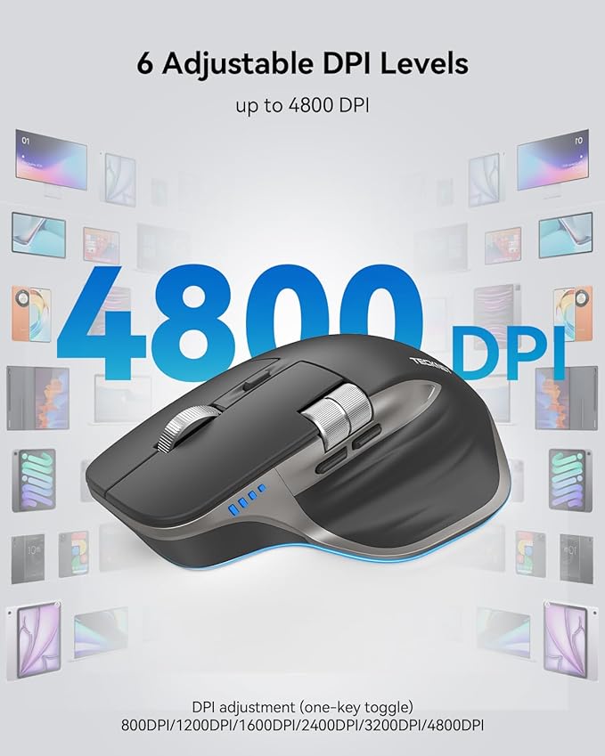 TECKNET Wireless Mouse Bluetooth Mouse (BT5.3/5.0 &amp 2.4G) Rechargeable Ergonomic Optical Mouse with 6 Adjustable DPI Side Scroll Quiet Clicks USB A Receiver 7 Buttons Wide Compatibility - Gr