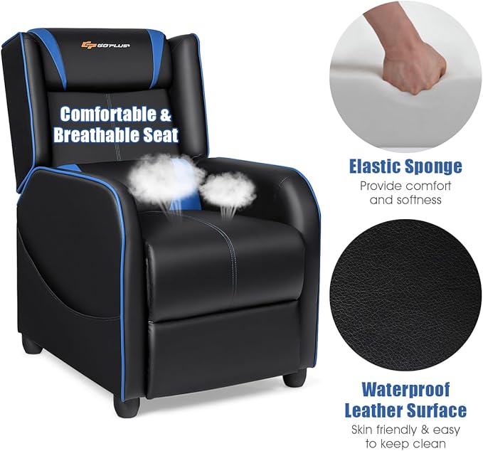 Goplus Massage Gaming Recliner Chair Racing Style PU Leather Single Recliner Sofa with Footrest Adjustable Modern Living Room Recliners Ergonomic Home Theater Recliner Seat (Blue)