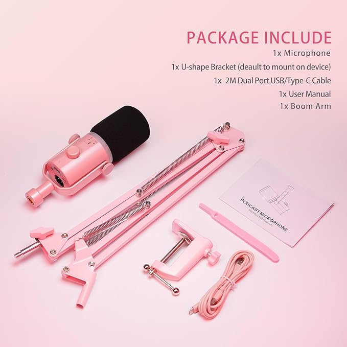 FEELWORLD PM1 XLR USB Dynamic Microphone with Boom Arm Gifts for Podcast Recording PC Computer Gaming Live Streaming Vocal Voice-Over Studio Metal Mic RGB Light Mute Button Headphones Jack (Pink)