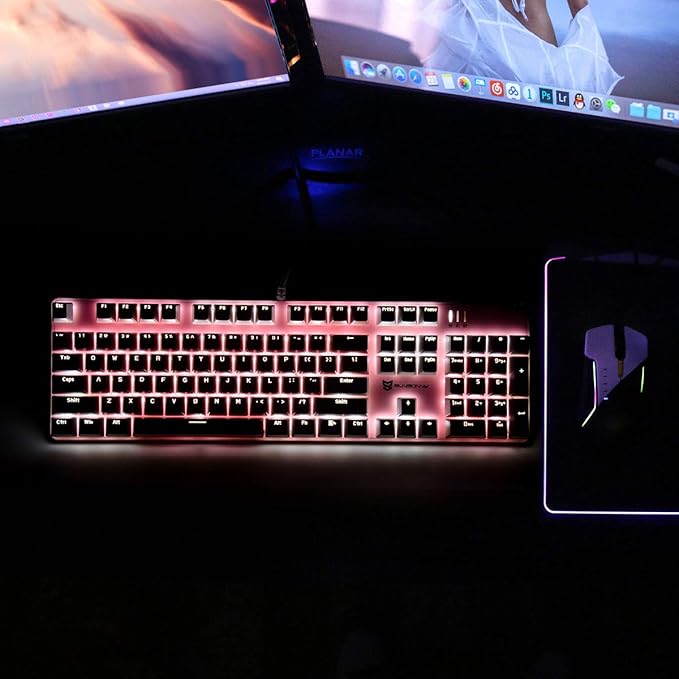 Qisan 104 Mechanical Keyboard for Gaming | Large Size USB White Backlit Gaming Keyboard Wired | US Layout Blue Switches Hot Swappable Mechanical Clicky Keyboards Compatible with PC &amp Laptop