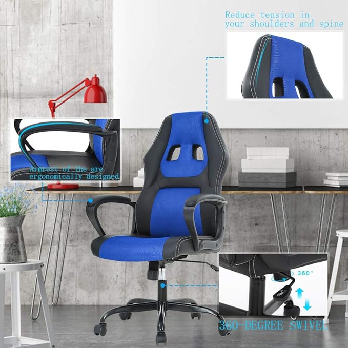 Office Chair Gaming Desk Racing Gaming Chair PC Gaming Ergonomic Racing Heavy Duty Office Video Game Chair PU Leather Racing Chair for Home Office Computer Gaming Chairs Video Game Chairs - Blue