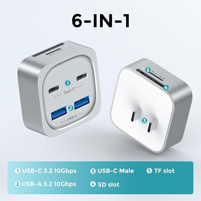 Mac mini M4 Hub 6-in-1 Front-Access Docking Station Mac mini M4 Accessories with 4× USB3.2 10Gbps (USB-C &amp USB-A) SD/TF 3.0 Card Reader Space-Saving Splitter for Creators &amp Professionals