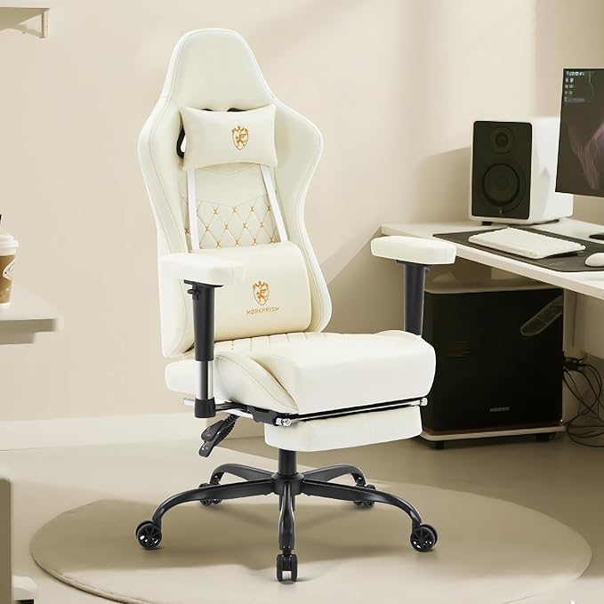 Gaming ChairComputer Office Chair with FootrestMassage Lumbar Support and Gel PadErgonomic Reclining Leather Gamer Chair with HeadrestAdjustable Armrests and Spring Cushion Ivory