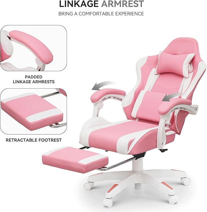 Gaming Chair Ergonomic Computer Chairs with Arms Lumbar Support Footrest Headrest 360°Swivel Chair Adjustable Back and Height Leather PC Chairs for Gaming Study Office Pink
