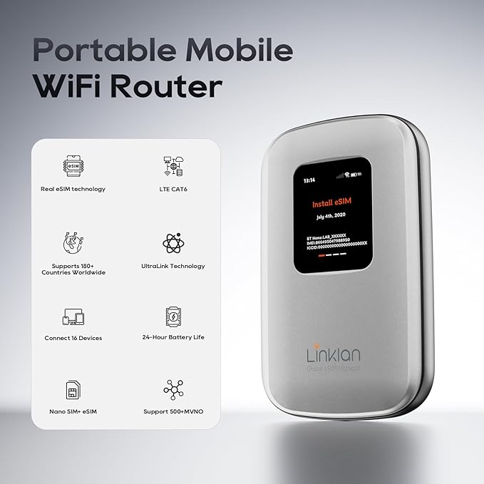eSIM Global WiFi Hotspot 16-Device 4G LTE for 180+ Countries No SIM/Contract Compact Travel Router Compact Wireless Router for International Travel &amp Business【Free 5GB US Data for 15 Days】