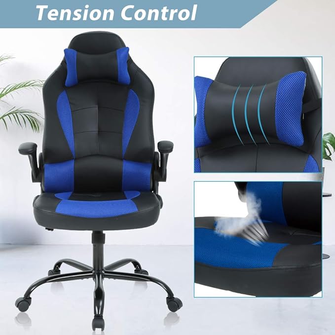 Gaming Chair High Back Office Chair Ergonomic Desk Chair PC Racing Chair with Headrest Lumbar Support &amp Flip-up Arms PU Leather Computer Chair Adjustable Height Swivel Executive ChairBlue