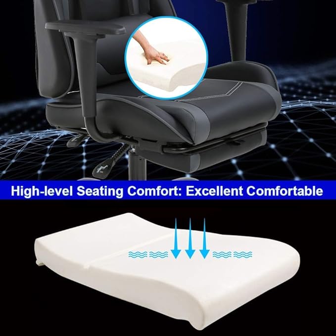 PC Gaming Chair with Footrest Ergonomic Home Office Chair with Lumbar Support &amp Headrest Pillow Height Adjustable Swivel Recliner Racing Computer Video Game Chairs Grey