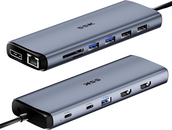 SSK 8K USB C Dock for Thunderbolt Laptop MacBook Docking Station 3 Monitors10Gbps USB C Hub Dual HDMI Displayport Ethernet100W PD Mic/Audio USB C&ampA 3.2 Gen 2 Port for iPhone 15/Mac/Lenovo