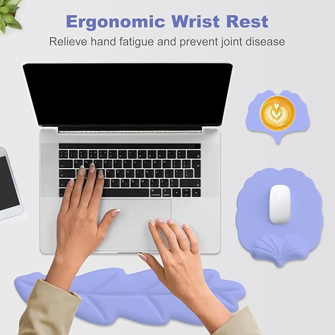Keyboard Wrist Rest and Mouse Pad with Wrist Support Set Ergonomic Leaf Shape Mouse Pad with Non-Slip Base Pain Relief Memory Foam Mousepad for ComputerLaptopHome Office Purple