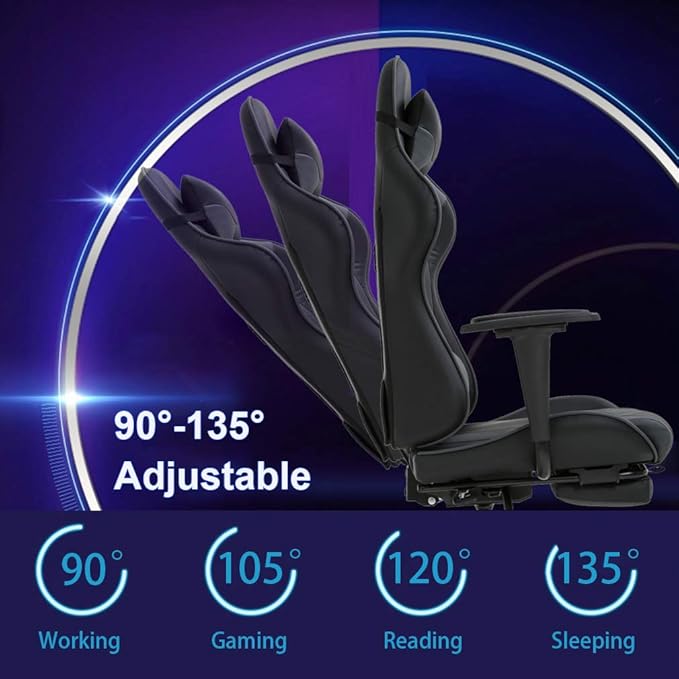 Ergonomic Gaming Chair for Adults Adjustable High-Back Computer Desk Chair with Lumbar Support and Footrest Leather Office Chair for Gaming Big and Tall Comfy Gamer Chair(Grey)