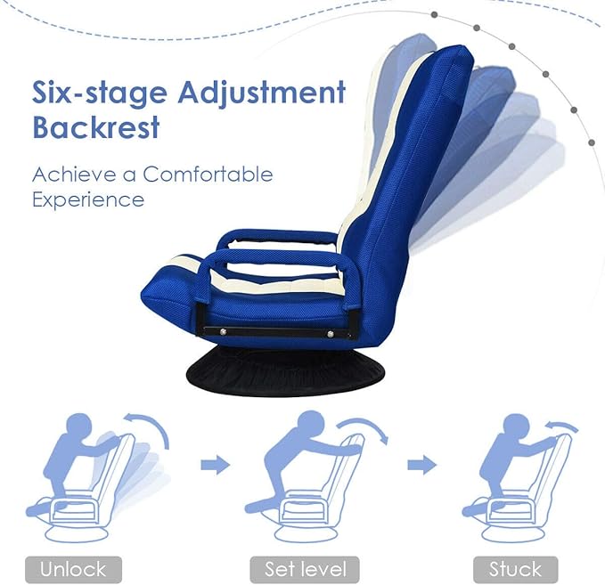 DORTALA 360 Degree Swivel Gaming Floor Chair 6-Position Adjustable Folding Floor Chair Comfortable Padded Backrest Lazy Sofa Chair Game Rocker for Teens Adults Blue