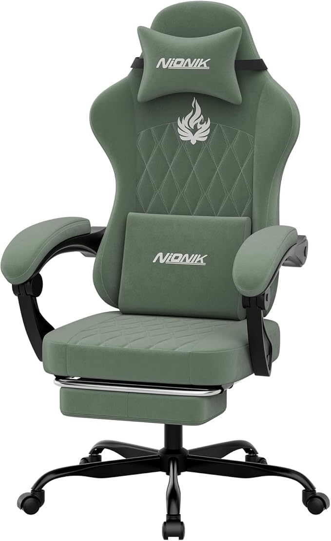 Ergonomic Gaming Chair Video Gamer Chairs Gaming Computer Chairs Gamer Chairs for Adults Massage Lumbar Support Swivel Height Adjustable Headrest Backrest Green