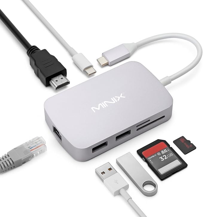 MINIX USB C Adapter 7 in 1 USB C Hub with 4K 60Hz HDMIGigabit Ethernet 2 USB 3.0 100W PD Charging SD/TF Card Reader Compatible with MacBook Pro/Air iPad Air/Pro iMac Laptop PC Grey