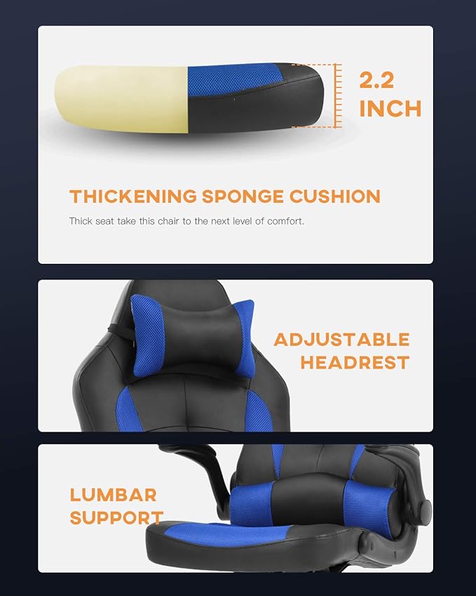 PC Gaming Chair Video Game Chair Racing Style Office High Back Desk Executive PU Leather Rolling Task Swivel Computer with Lumbar Support HeadrestBlue