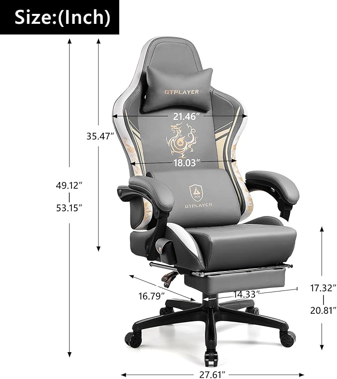 GTPLAYER Gaming Chair with Bluetooth Speakers and Footrest Dragon Series Video Game Chairs Heavy Duty Ergonomic Chairs Esports Gaming Computer Office Chair (Gray)