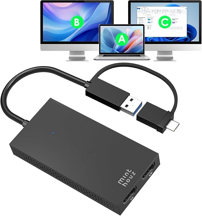 Minthouz HDMI Splitter for Dual Monitors Universal Video Graphics Adapter for Thunderbolt 5/4/3 USB 4 USB-A/C Mac and Windows USB-C to 4K@30Hz &amp1080p@60Hz HDMI Extender for Windows &amp MacB