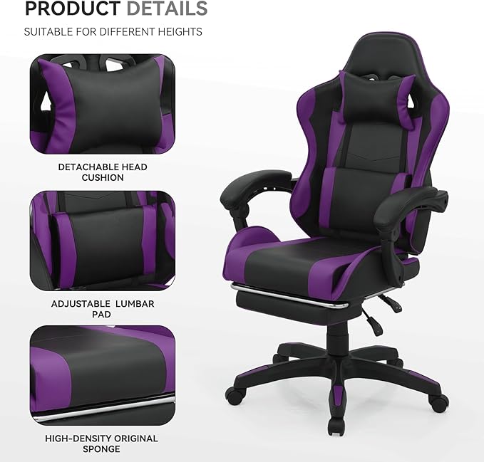 Gaming Chair Ergonomic Computer Chairs with Arms Lumbar Support Footrest Headrest 360°Swivel Chair Adjustable Back and Height Leather PC Chairs for Gaming Study Office Black/Purple