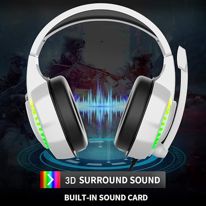 Wired Gaming Keyboard and Mouse Headset ComboRainbow LED Backlit Wired KeyboardOver Ear Headphone with MicRainbow Backlit Gaming MiceMouse Padfor PCLaptopMacPS4Xbox(White)