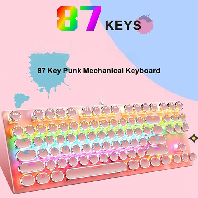 Mechanical Gaming Pink Keyboard87 Key Retro Punk Typewriter-StyleBlue Switch RGB Backlit KeyboardAnti-Ghosting USB Wired for PC Laptop Desktop Computer for Game and Office