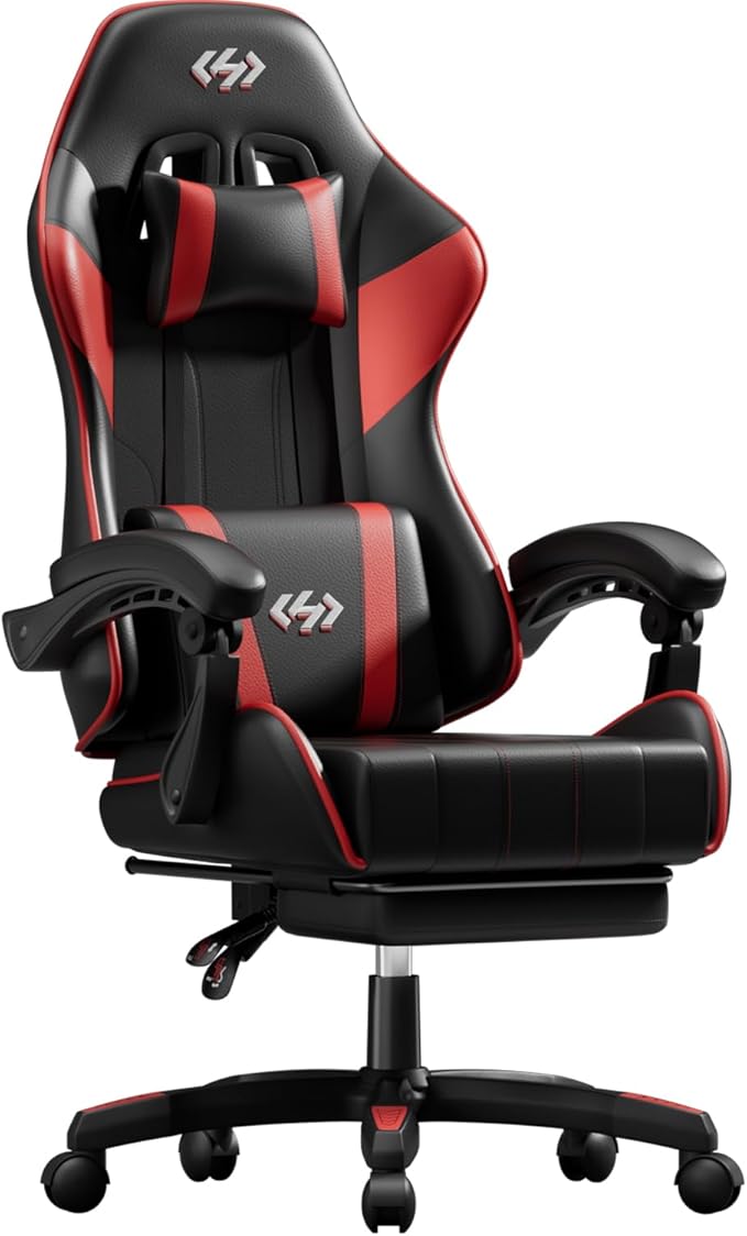 HLDIRECT Gaming Chair Ergonomic Computer Office Chair with Lumbar Support Footrest Headrest PU Leather 360° Swivel Adjustable Height Metal Frame 200 lbs Capacity (Black&ampRed)