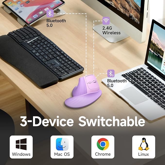 SANWA Wireless Ergonomic Mouse for Large Hands Silent Click Vertical Mice with Removable Wrist Rest 1000-4000 DPI 3-Device (2.4G + 2 Bluetooth 5.4) Compatible with Mac Windows Laptop PC Purple