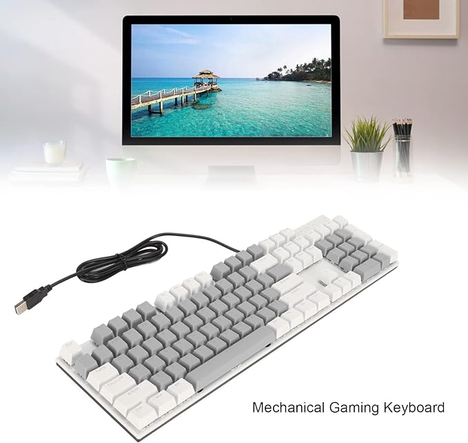 RGB Backlit 104 Keys Mechanical Gaming Keyboard USB Wired Computer Keyboard 28 Backlight Modes for Windows 2000 for Vista (White Grey)