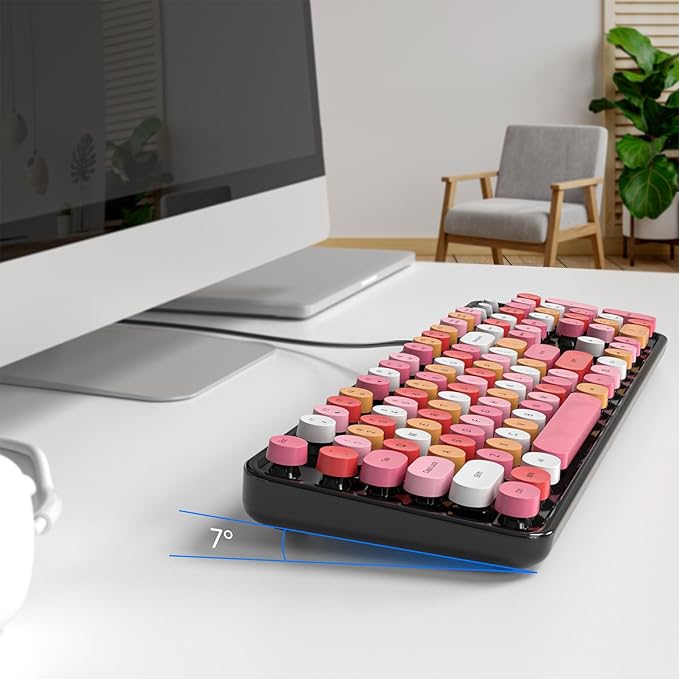 Computer Keyboard Wired Plug and Play USB Retro Round Typewriter Keyboard Full Size Wired Keyboard with Foldable Stands for Laptop and Office PC- Black Colorful