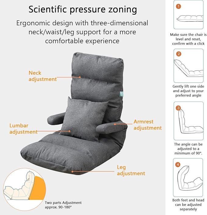 YCKEGEW Floor Arm Chair Sofa Chair with Back SupportNeck Lumbar and Legs 3-Sections AdjustmentRecliner Chairs for Bedroom Game Chair for Adults Kids (Color : Orange)