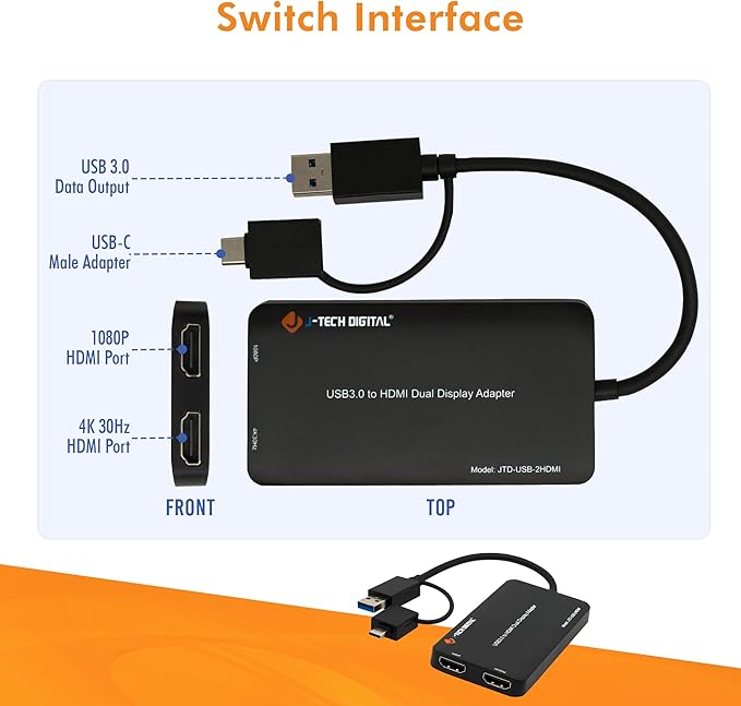 J-Tech Digital USB C to HDMI Adapter 4K 30Hz 1080P 60Hz Dual Monitor Adapter USB-A or USB-C in USB Powered Mirror Extend Rotation Clamshell Modes [JTD-USB-2HDMI]