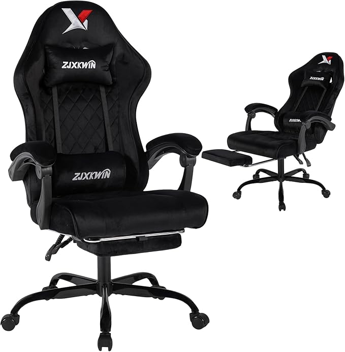 Gaming Chair with Footrest Ergonomic Computer Chair with Headrest &amp Lumbar Support Skin-Friendly Velvet Adjustable Height &amp Backrest Linked Armrest for Gamer Home Adults Office RestBlack