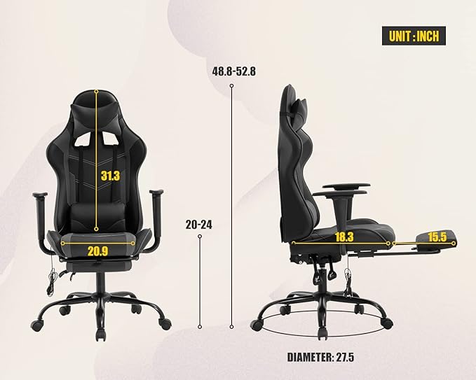 Ergonomic Big and Tall Gaming Chair - Massage Function Lumbar Support Footrest &amp Armrest - PU Leather Racing Style Chair for Adults