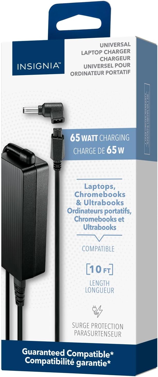 Insignia 65W Universal Laptop Charger Replacement Adapter 10 ft. Cable for Dell HP Acer Asus HP Dell Lenovo IBM Notebook Ultrabook Chromebook Surge Protection Power Supply
