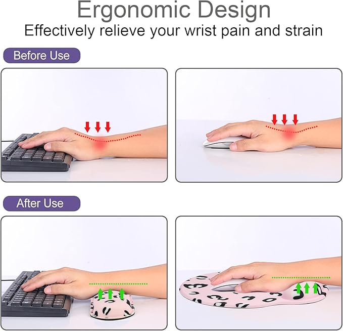 Mouse Pad + Desk Mat + Keyboard Wrist Rest + Coaster 4 in 1 Set Cute Ergonomic Large Gaming Mousepad with Wrist Rest Support Desk Pad for Computer Laptop Office Home Decor-Pink Leopards