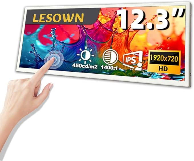 12.3-inch Strip Widescreen Portable HDMI Bar Monitor HD 1920x720 Stretched Secondary Display 1400:1 Contrast for PC Laptop