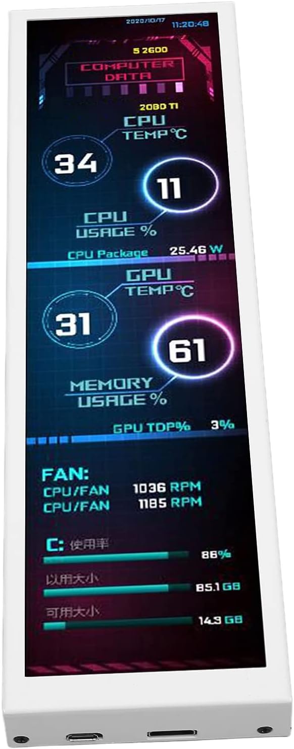 Zunate 8.8in IPS USB Mini Screen 1920x480 Computer Temp Monitor PC CPU RAM Data Monitor Sensor Panel Monitor for PC ARGB Computer Case Secondary Screen