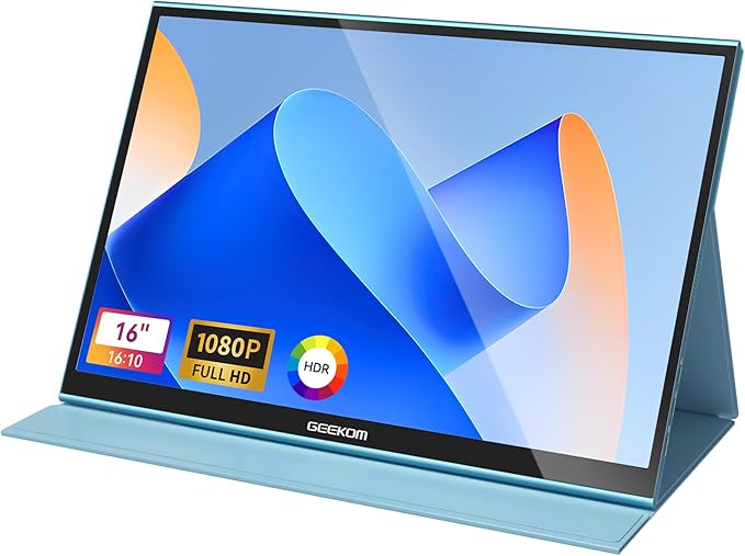 GEEKOM Portable Monitor（2026） 16'' 1200P FHD Laptop Monitor USB C HDMI Computer Display HDR Eye Care External Screen w/Smart Cover for PC Mac Laptop Phone