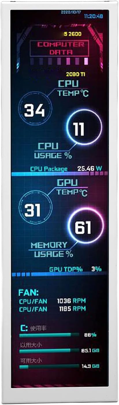 Pomya PC Sensor Panel Display 8.8 Inch CPU Hardware Temperature Monitor External Expansion Display PC CPU Data Monitor for PC Computer Case Secondary Screen