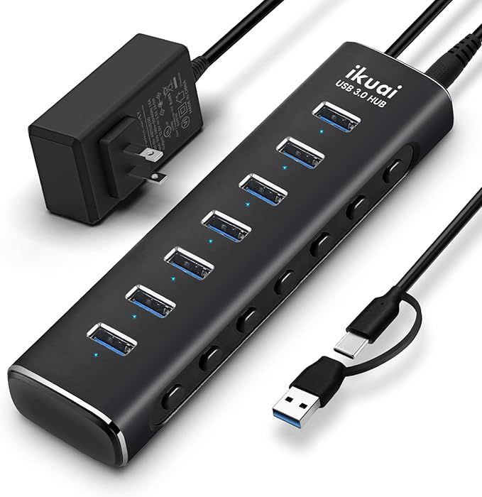 Powered USB 3.0 /USB C Hub ikuai Aluminium 7-Port USB Hub Splitter with AC Adapter LED Individual On/Off Switches and 3.3ft Extended Long Cable for Laptop Mac PC Flash Drive Mobile HDD