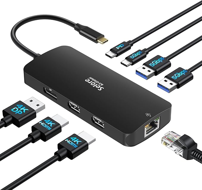 USB C Docking Station Dual Monitor Selore Docking Station 3 Monitors Triple 4K Display with 2 HDMI DisplayPort 1 Gbps Ethernet 100W PD Charging USB 3.0 Ports Adapter for Dell HP etc(Black)