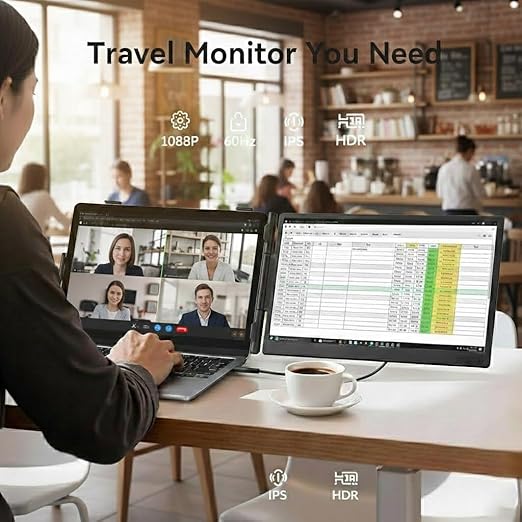 14'' Laptop Screen Extender FHD 1080P IPS Dual Screen Travel Monitor Extender with HDMI/USB-A/Type-C Plug-Play for Display on Mac and Windows Fits 13''-16'' Laptops