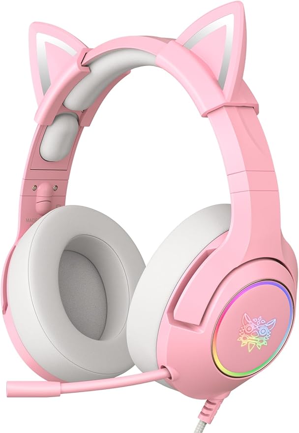 Cat Ear Gaming Cute Headset Wired Over-Ear Headphones with Retractable Microphone Surround Sound LED Backlight for PS4 PS5 PC Mobile Phone (Light Pink)
